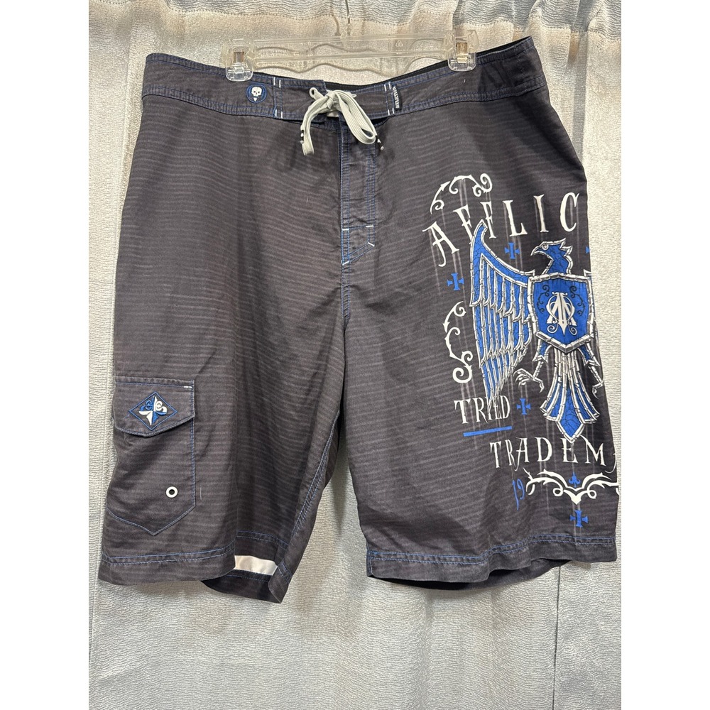 Affliction Mens Board Shorts - 38 Black Blue Graphic Eagle Striped Swim Trunks